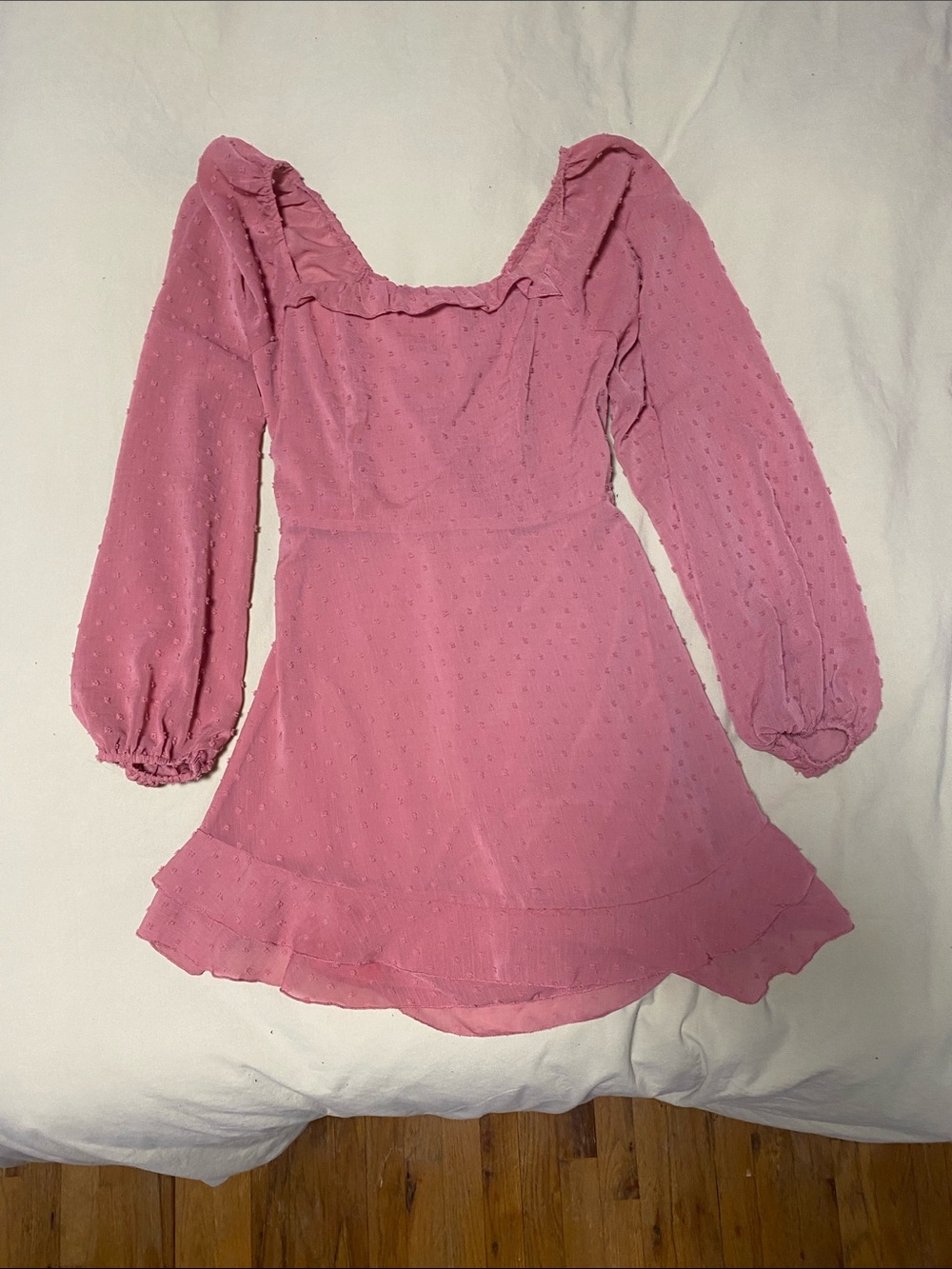 Girls' Pink Long-Sleeve Ruffle Swiss Dot Dress